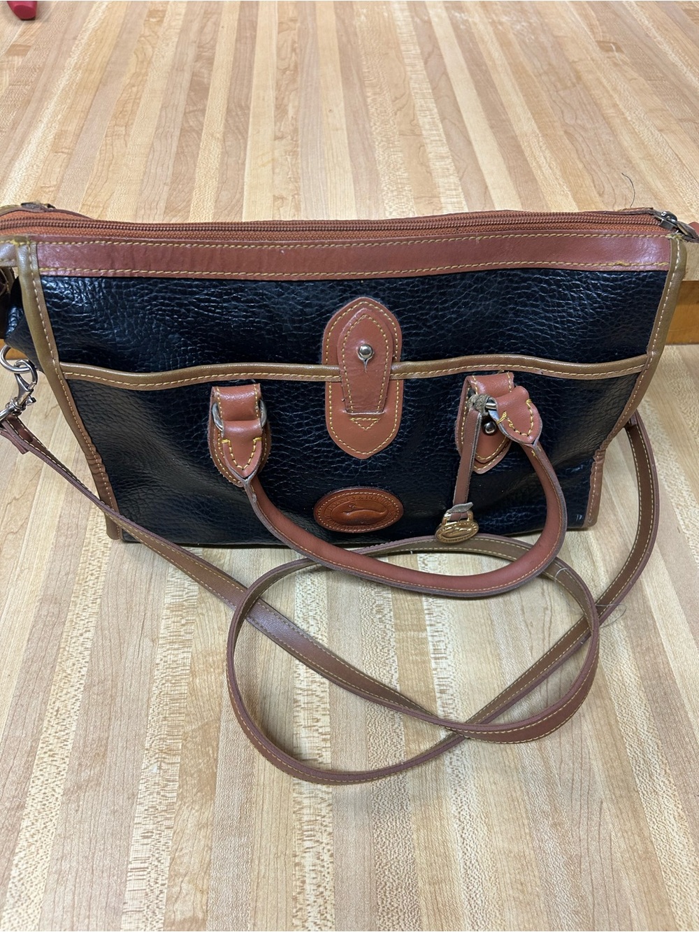 Dooney & Bourke Black and Brown Pebbled Leather Satchel purse 12X8